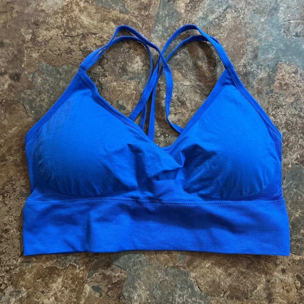 Wireless Sports Bra Womens Size XXL Blue Strappy Back Wirefree Stretchy